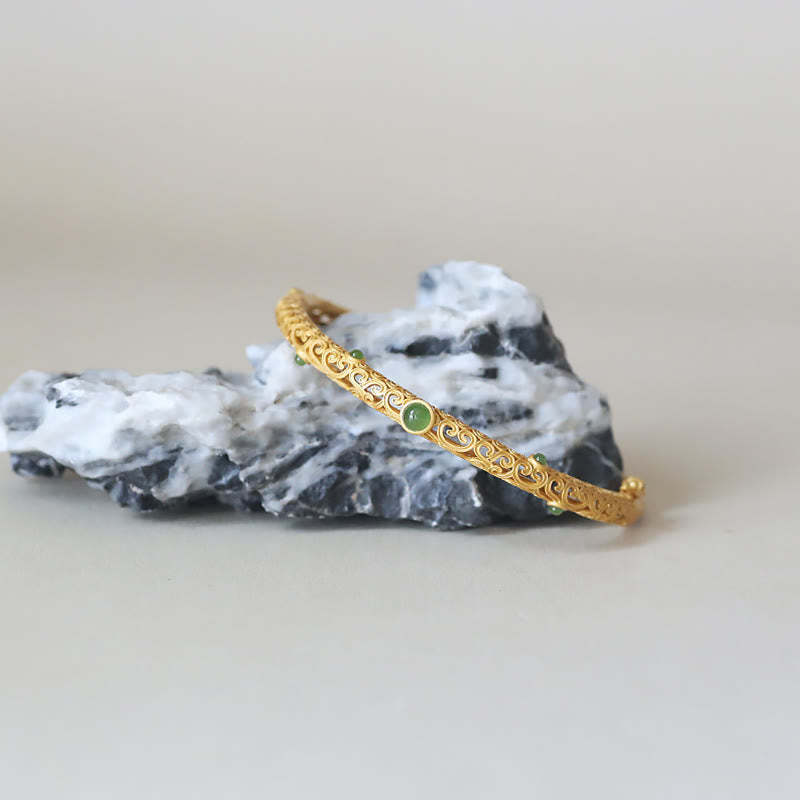 Bracelet en jade cyan et cuivre, nuages ​​propices pour le calme et la chance
