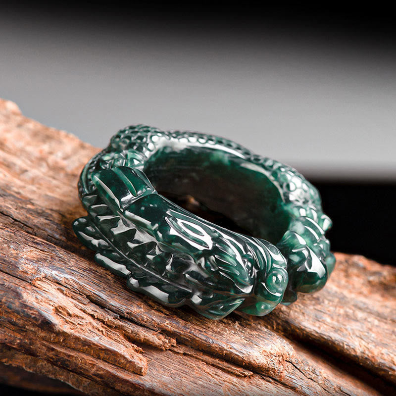 Bague de réussite sculptée en jade cyan, dragon, 21-22 mm