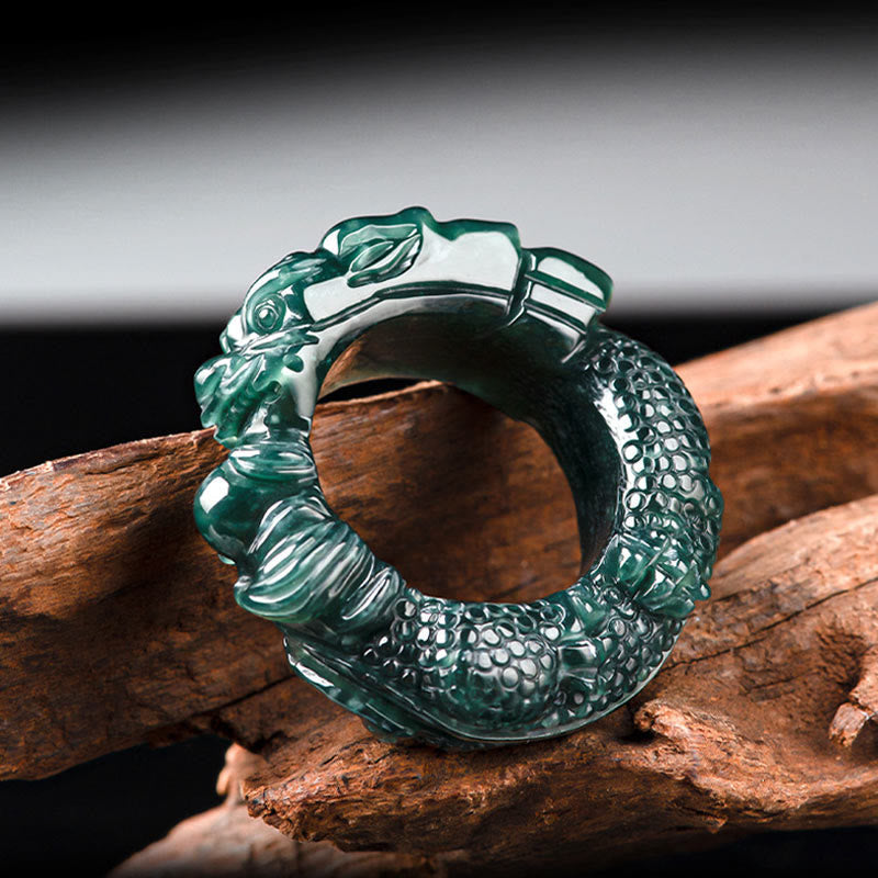 Bague de réussite sculptée en jade cyan, dragon, 21-22 mm