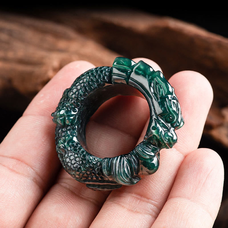 Bague de réussite sculptée en jade cyan, dragon, 21-22 mm