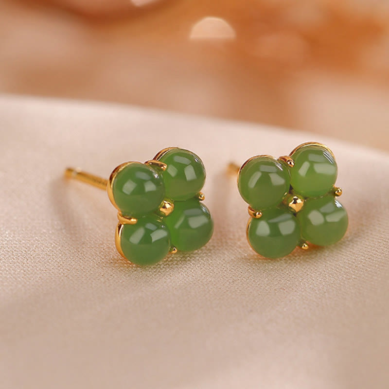 Boucles d'oreilles à tige en jade cyan, trèfle à quatre feuilles, 8 mm, pour la chance et la guérison