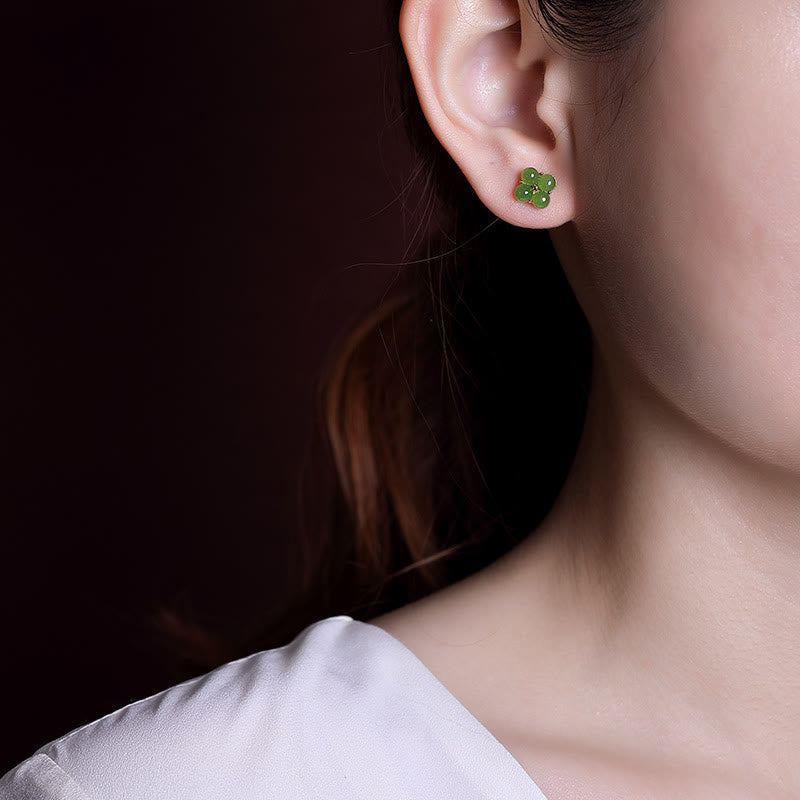 Boucles d'oreilles à tige en jade cyan, trèfle à quatre feuilles, 8 mm, pour la chance et la guérison