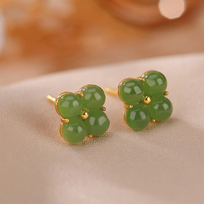 Boucles d'oreilles à tige en jade cyan, trèfle à quatre feuilles, 8 mm, pour la chance et la guérison