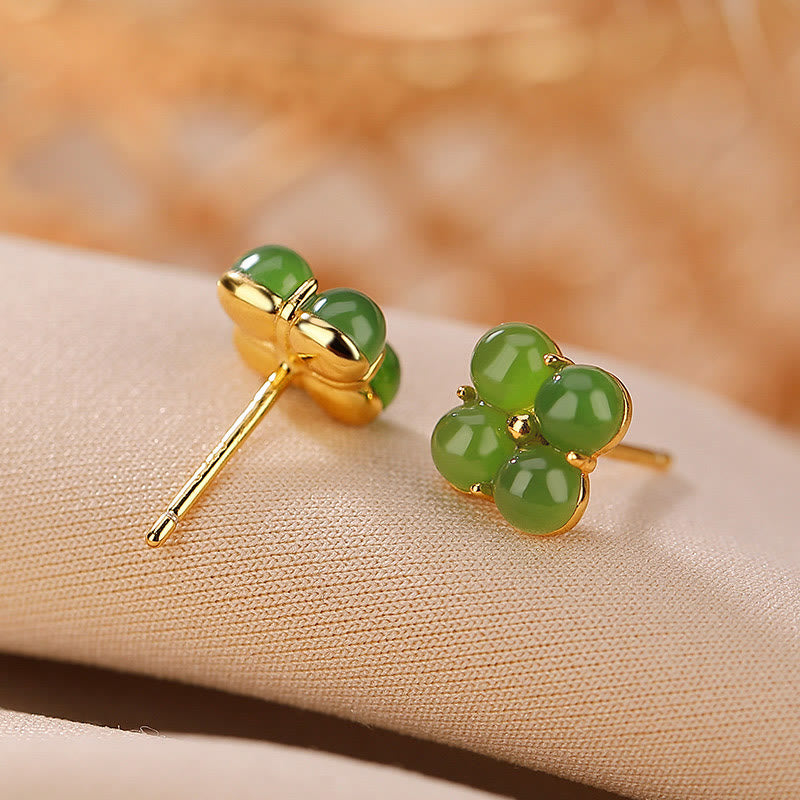 Boucles d'oreilles à tige en jade cyan, trèfle à quatre feuilles, 8 mm, pour la chance et la guérison