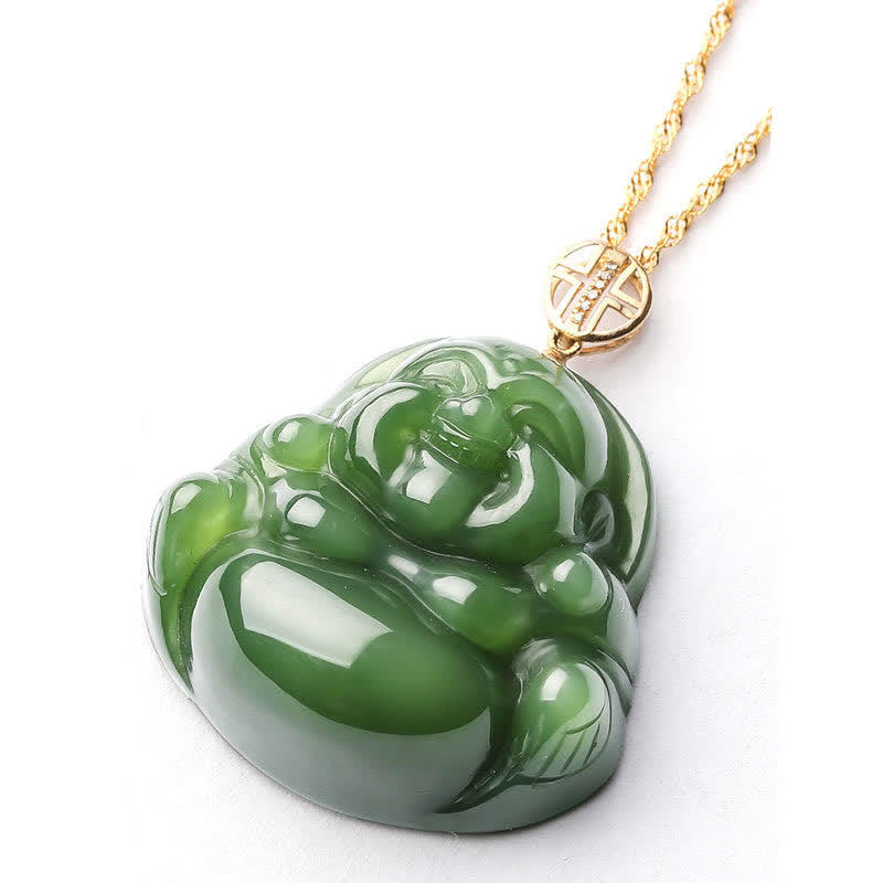 Pendentif Bouddha rieur en jade cyan | Argent 925 et or 18 carats