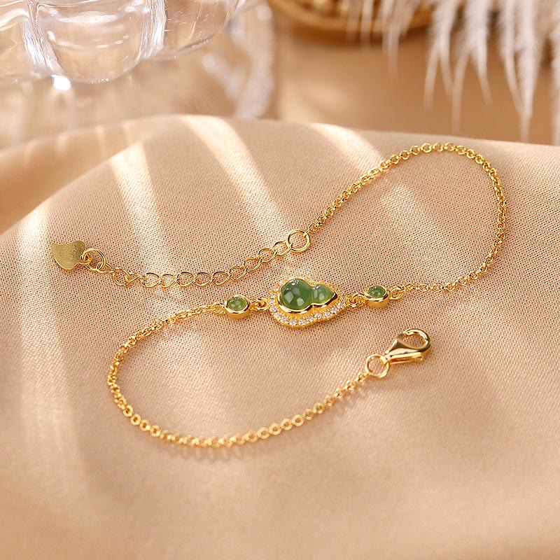 925 Sterling Silver Gold Plated Hetian Jade Gourd Set