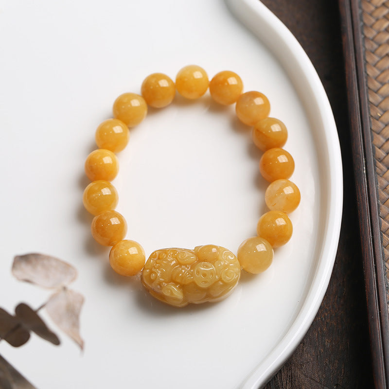 10mm Golden Silk Jade Pixiu Wealth Bracelet Unisex