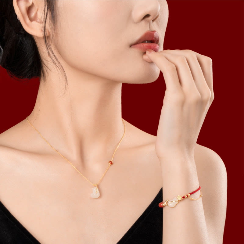 Hetian Jade Ruyi Cat Luck Bracelet and Necklace Set
