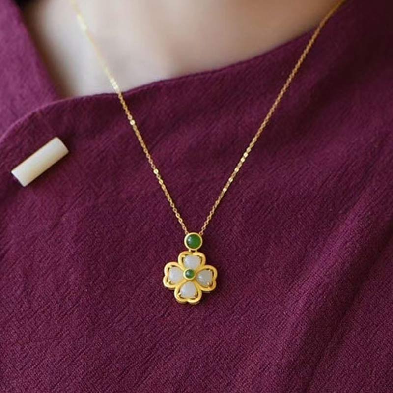 925 Sterling Silver Lucky Four Leaf Clover Jade Necklace | Prosperity & Luck