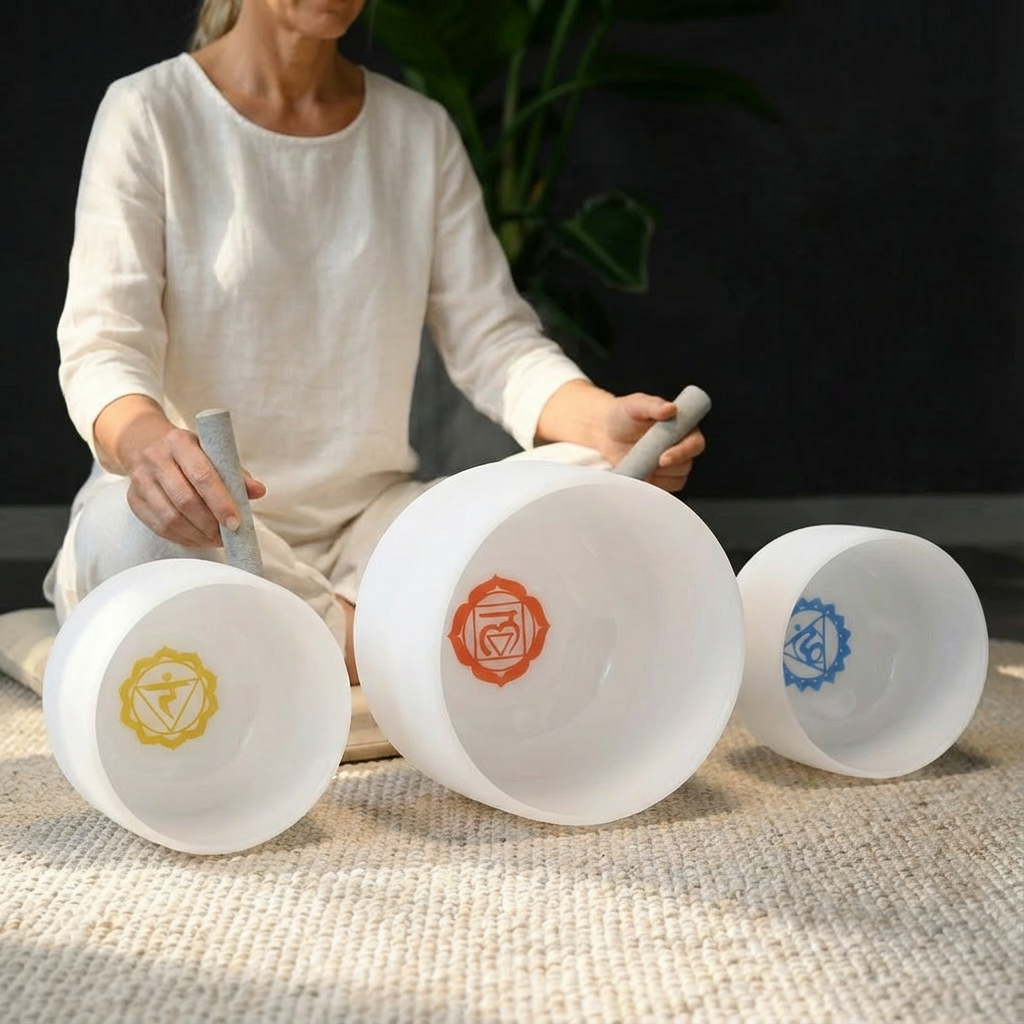 Ensemble de 3 bols chantants en cristal avec symboles de chakra 8"G 10"E 12"C