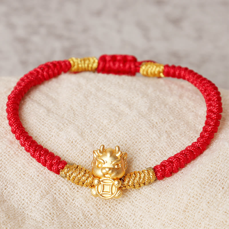 999 Sterling Silver Dragon Bracelet with Red String for Luck & Protection