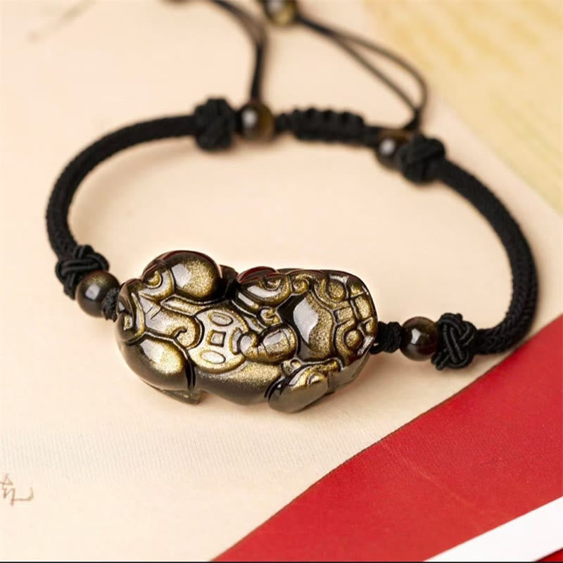 Pixiu Protection Bracelet with Obsidian, Amethyst & Citrine Stones