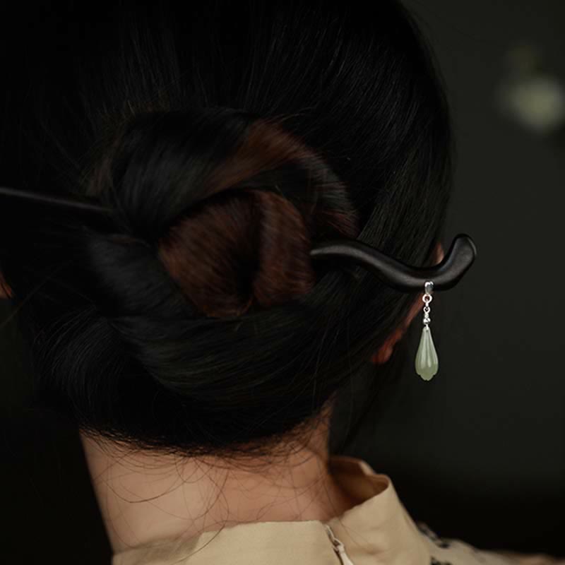 925 Sterling Silver Hetian Jade Ebony Wood Chinese Hairpin for Luck & Calm