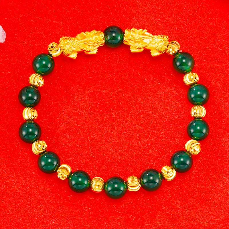 Double Pixiu 6mm Agate & Jade Wealth Bracelet Unisex