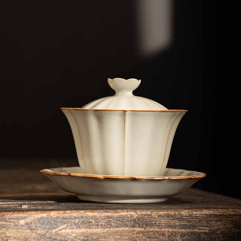 Beige Ceramic Gaiwan with Plum Blossom Design 120ml Tea Set