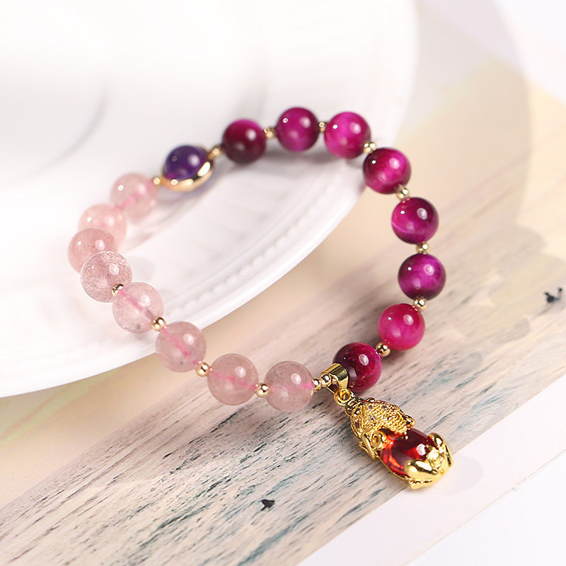 8mm Strawberry Quartz Pixiu Bracelet - Love, Wealth & Protection