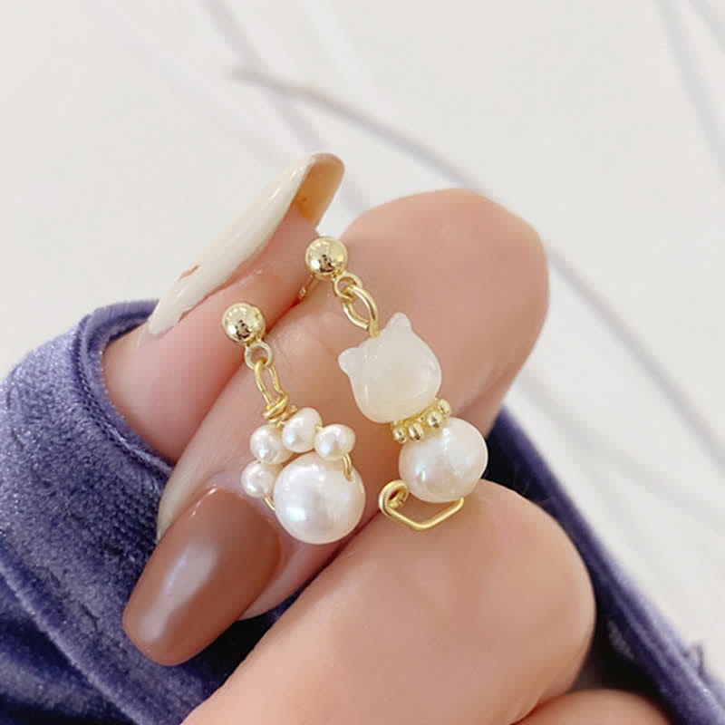 Pearl Wisdom Stud Earrings with Cat Paw Design