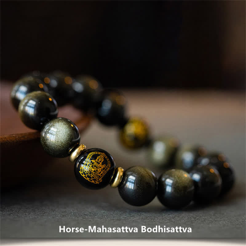Bracelet de protection du zodiaque chinois en obsidienne dorée brillante 12 mm
