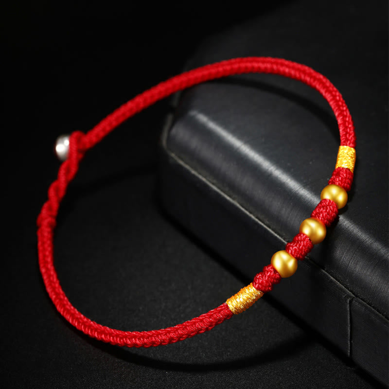 Handmade Red String Bracelet with 999 Gold Beads and King Kong Knot for Protection