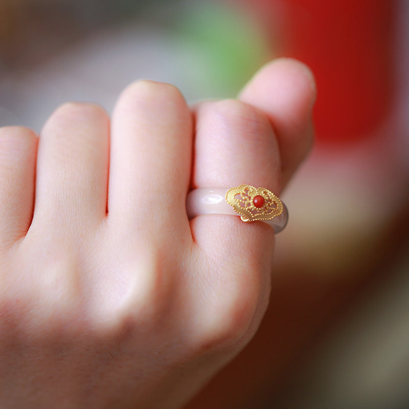 Cyan Jade & Red Agate Luck Protection Ring | Agate Rings