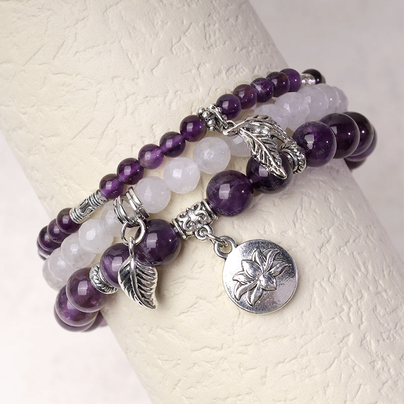 Amethyst Crystal Healing Bracelet with Lotus Symbol | 6-8mm Beads