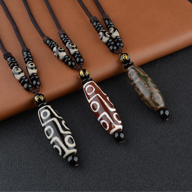 Nine-Eye Dzi Bead Obsidian Necklace 14mm Protection