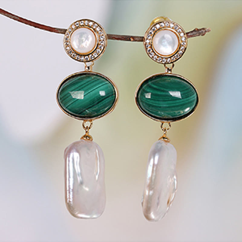 925 Sterling Silver Malachite Baroque Pearl Healing Wisdom Drop Earrings