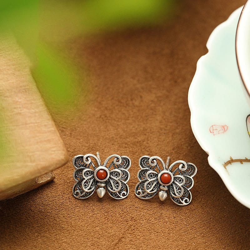 Red Agate Butterfly Ring & Earrings Set for Self-Acceptance