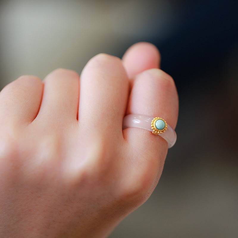 Cyan Jade & Red Agate Luck Protection Ring | Agate Rings