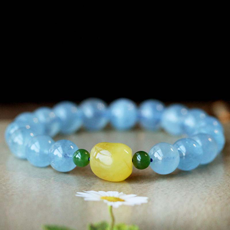 Natural Aquamarine Amber Serenity Healing Bracelet 8mm