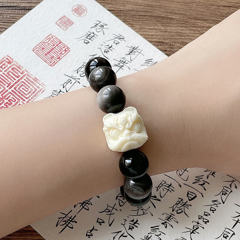 Unisex Silver Sheen Obsidian Protection Bracelet 12mm Bodhi Seed