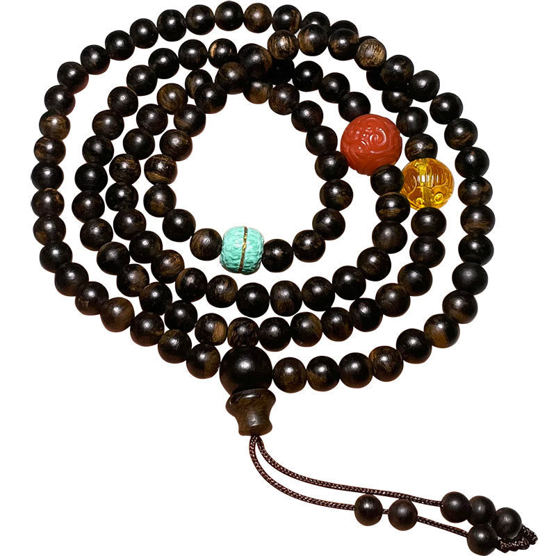 Agarwood Bracelet with Turquoise Amber & Red Agate for Strength