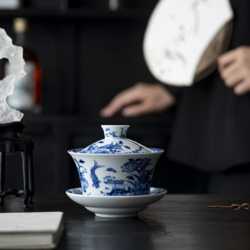 Lion Dance Ceramic Gaiwan Tea Cup 300ml with Lid & Saucer