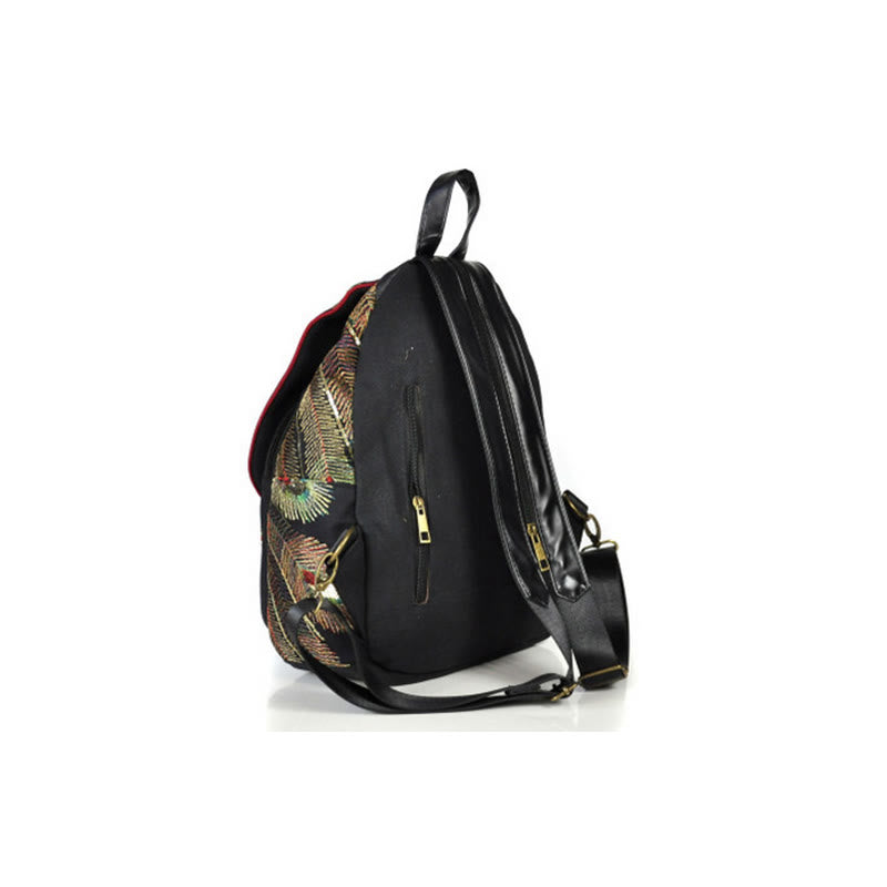Peacock Embroidery Canvas Tassel Backpack for Spiritual Use