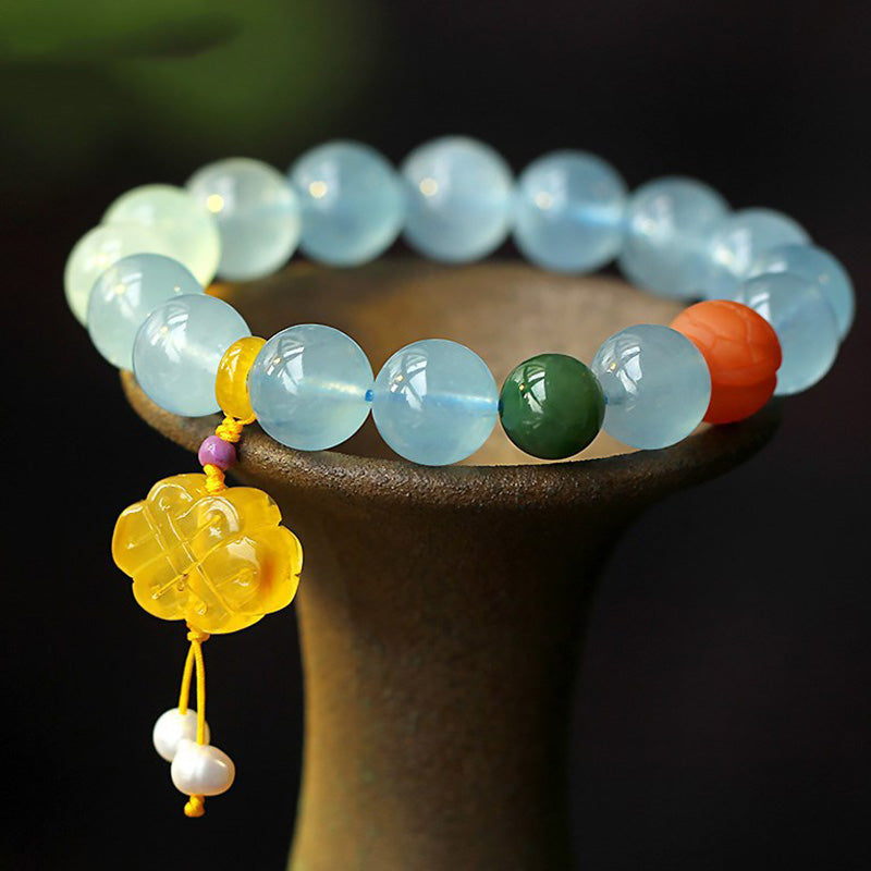 Aquamarine & Amber Peace Bracelet with Chinese Knot Charm