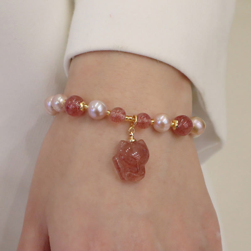 Natural Pearl Strawberry Quartz Healing Charm Bracelet