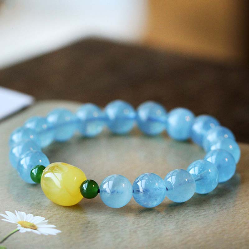 Natural Aquamarine Amber Serenity Healing Bracelet 8mm