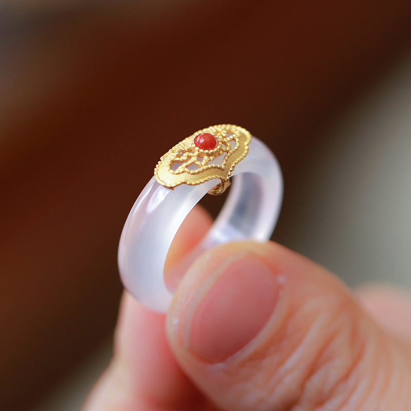 Cyan Jade & Red Agate Luck Protection Ring | Agate Rings