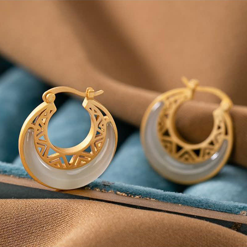 Crescent Moon Jade Prosperity Drop Earrings 23x21mm