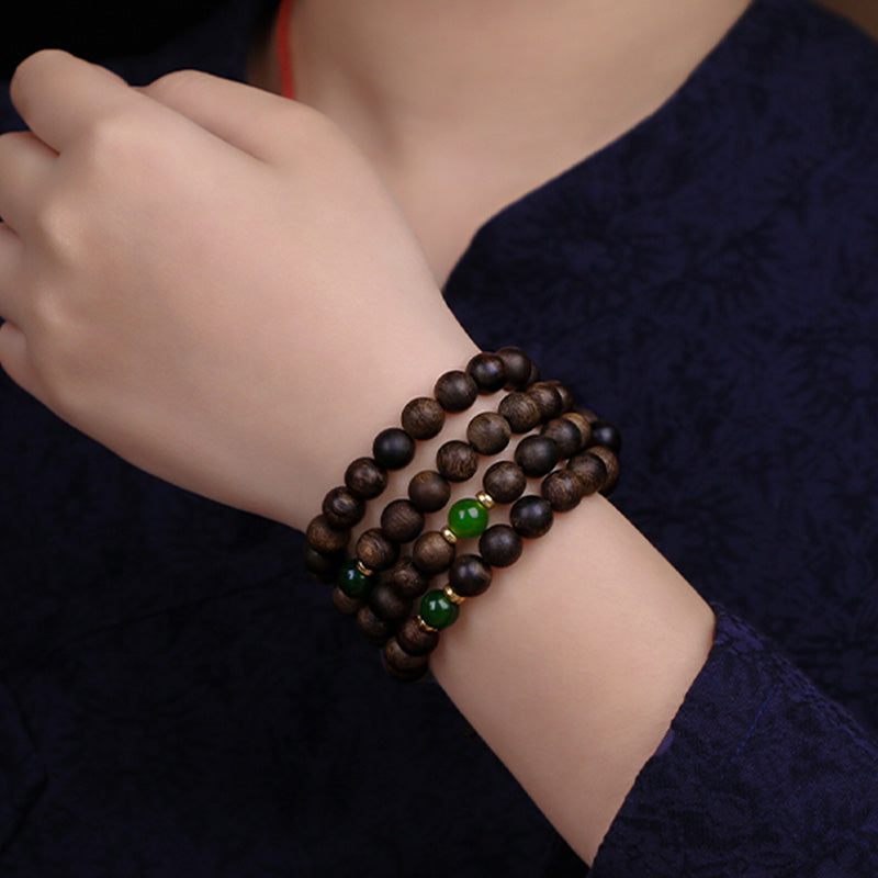 108 Beads Agarwood Cyan Jade Wood Mala Bracelet for Protection