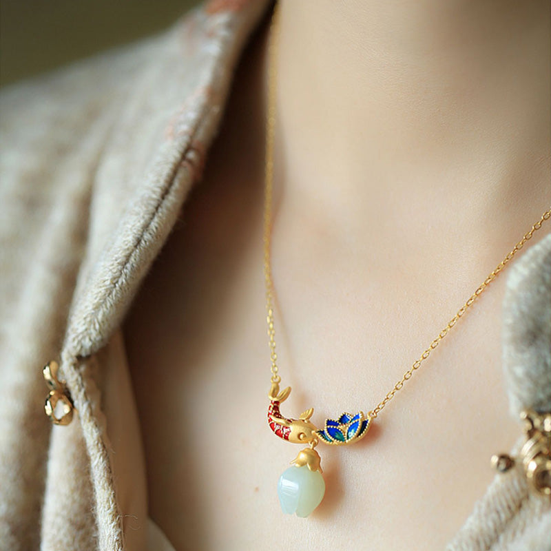 White Jade Koi Fish Lotus Protection Necklace Pendant