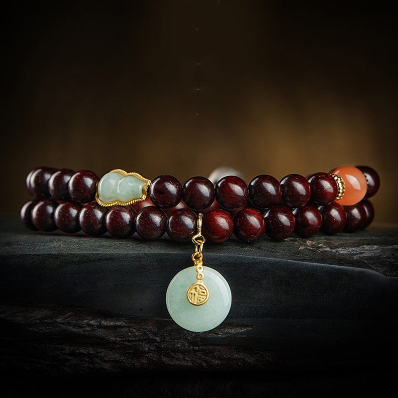 Chinese Zodiac Bracelet with Small Leaf Red Sandalwood & Jade for Protection