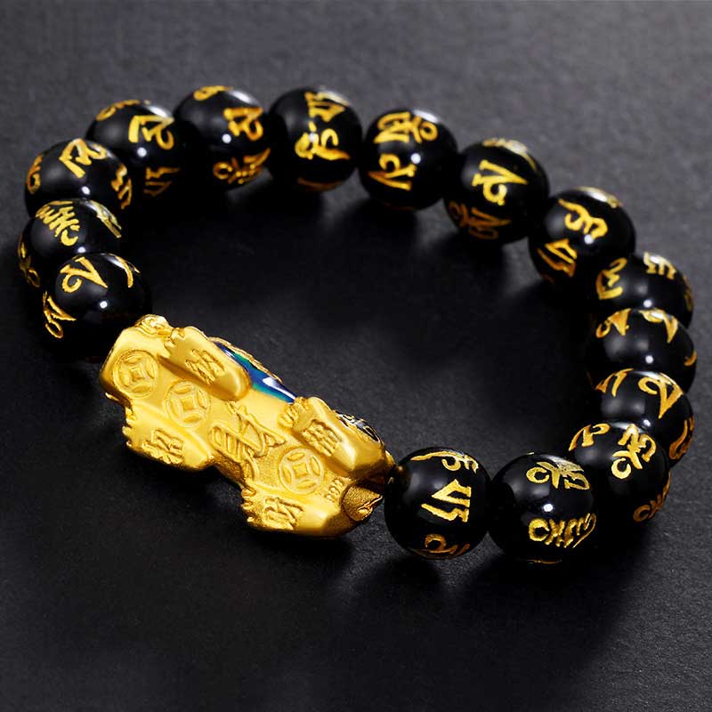 12mm Obsidian Pixiu Wealth Bracelet with Om Mani Padme Hum