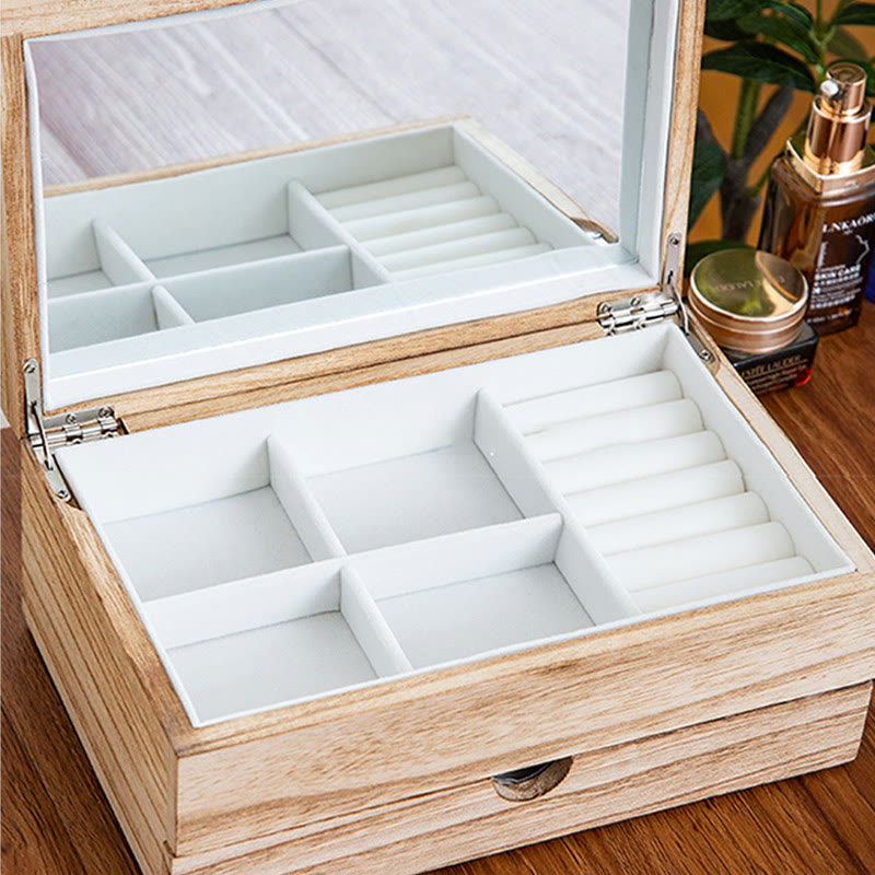 Two-Layer Beige Wooden Jewelry Box with Mirror | Spiritual Home Accents