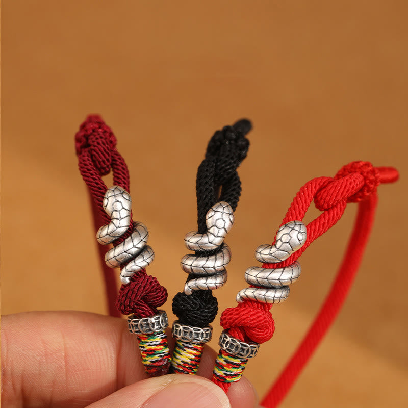 Bracelet en argent sterling rouge foncé 14-17 cm avec pièce de monnaie serpent et cordon rouge