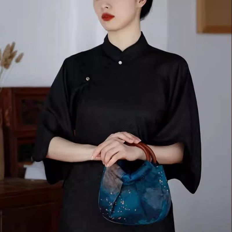 Blue Handmade Jacquard Flower Wooden Handle Bag 23cm
