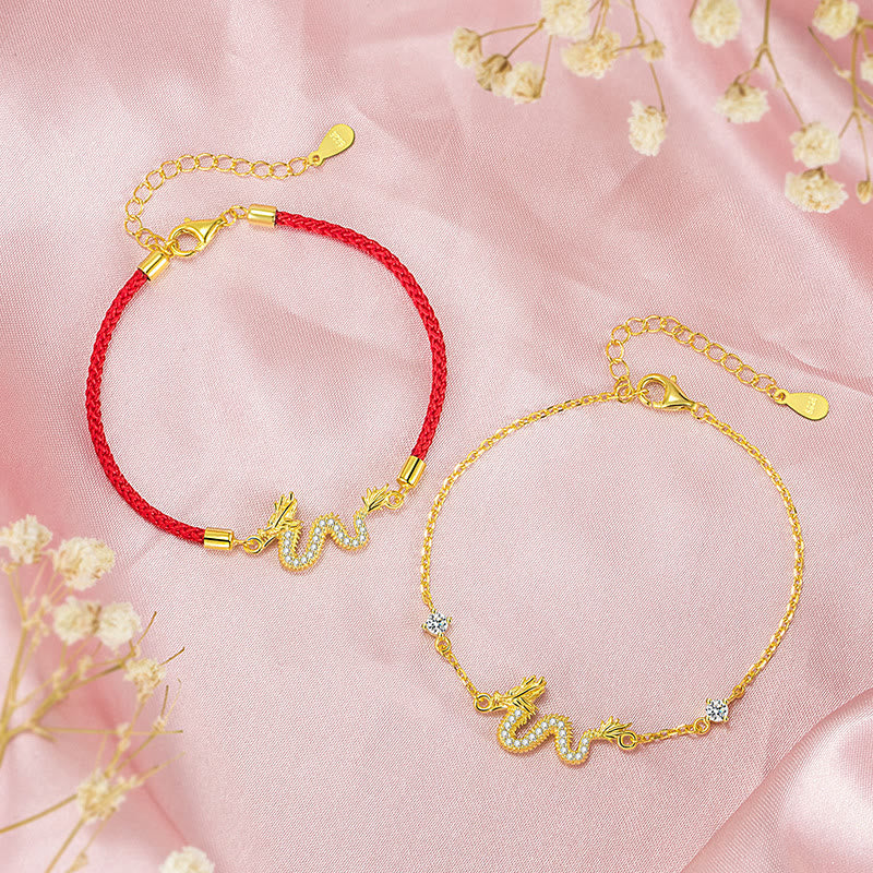 925 Sterling Silver Dragon Luck Bracelet | Red Rope or Gold Chain