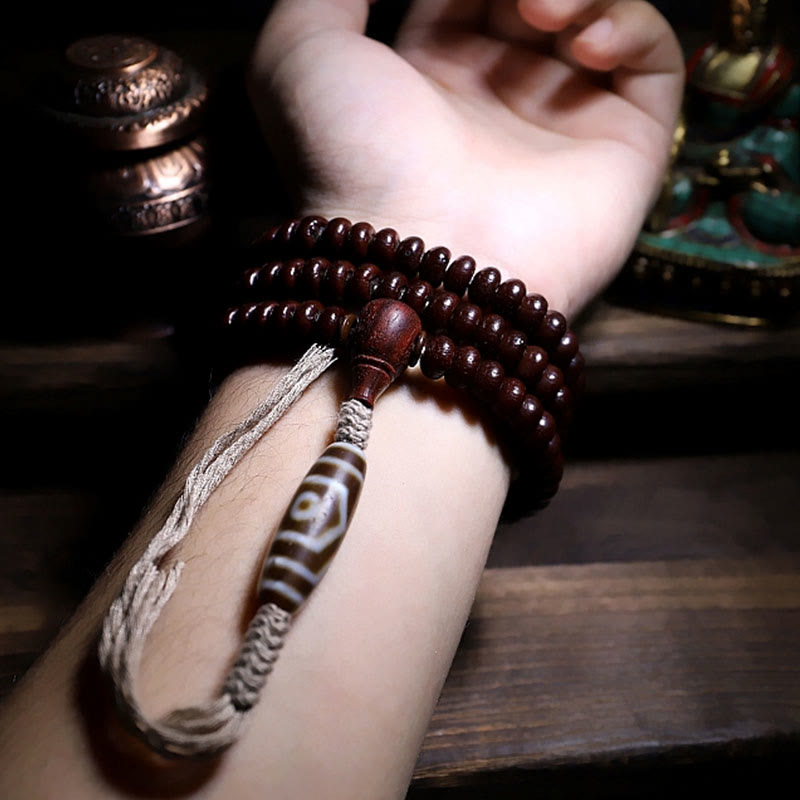 9mm Purple Bodhi Seed Mala Bracelet with Three-eyed Dzi Beads for Harmony