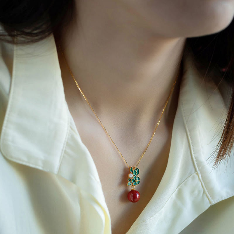 925 Sterling Silver Gold Cinnabar Pearl Blessing Necklace Set
