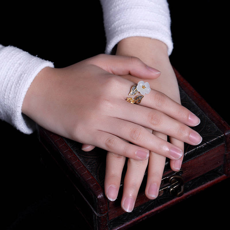 Unisex White Jade Luck Ring with 925 Silver Plated Copper Plum Flower